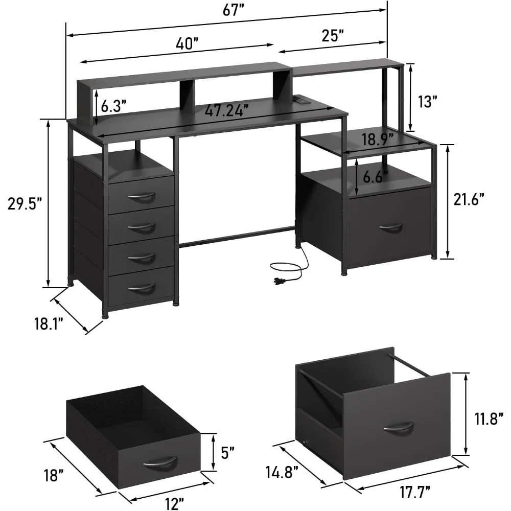 Computer Desk with Drawers, 67 Inch Desk with Storage, Work Desk with Power Outlet and Drawers, Work Desk for Home Office