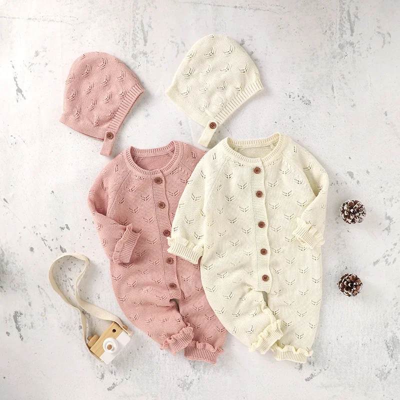 Autumn Baby Romper Knit 100%Cotton Infant Kid Solid Ruffle Playsuit Hat 2PCS Clothing Newborn Girls Jumpsuit Outfits Long Sleeve