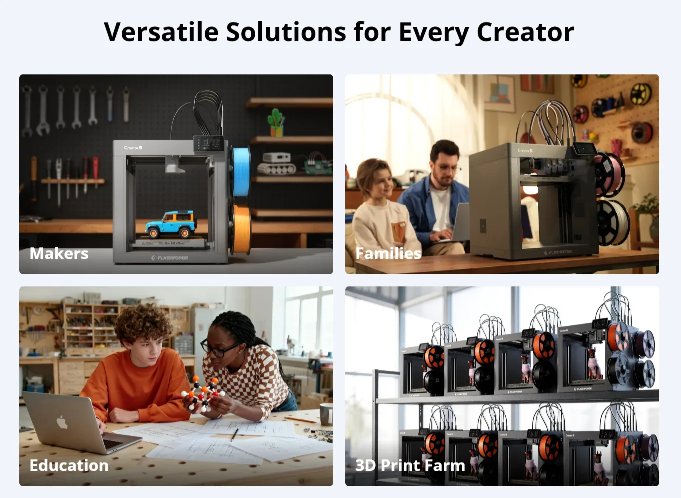 Flashforge Creator 5 High Speed 3D Printer Max 600mm/s 4 Toolhead Enclosed Auto Leveling Multi-color FDM 3D Printer