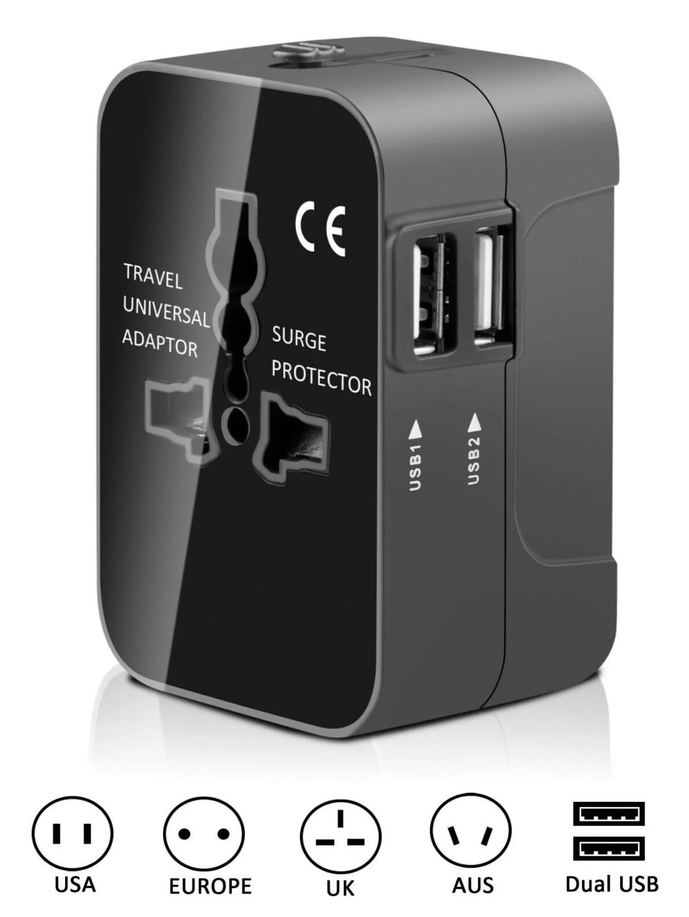 قطعة واحدة من مقبس السفر العالمي، منافذ USB مزدوجة، مقابس أوروبية/أمريكية/بريطانية/أسترالية، مناسبة لأكثر من 150 دولة/منطقة