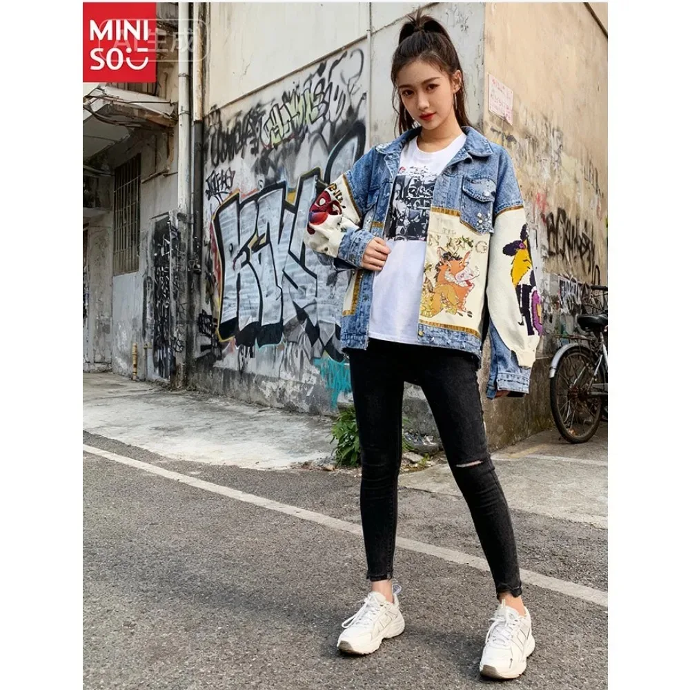 

Miniso 2023, осенне-зимняя новая джинсовая куртка с вязаными рукавами и шипами, ромбовидная куртка, женская универсальная куртка, тренд в стиле ретро