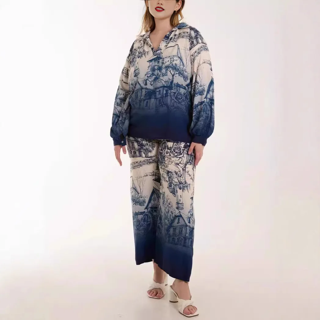 

2025 Autumn and Winter Women's National Print Imitation Linen Long Sleeve Fashion Casual Suit Ensemble Femme 2 Pièces Été