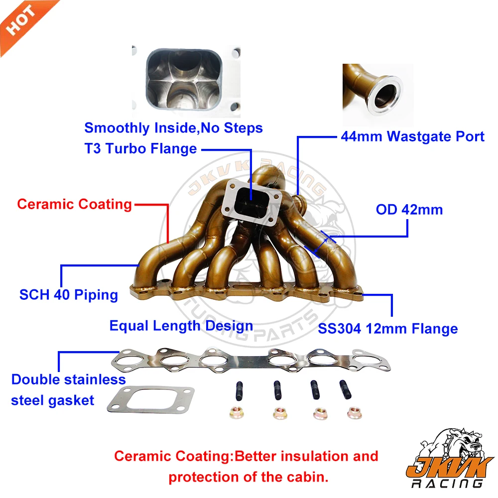 JKVK RACING Ceramic Coating SS304 3mm Steam Pipe T3  Manifold Supra 2JZGTE 2JZ-GTE 2jz 1993-1998