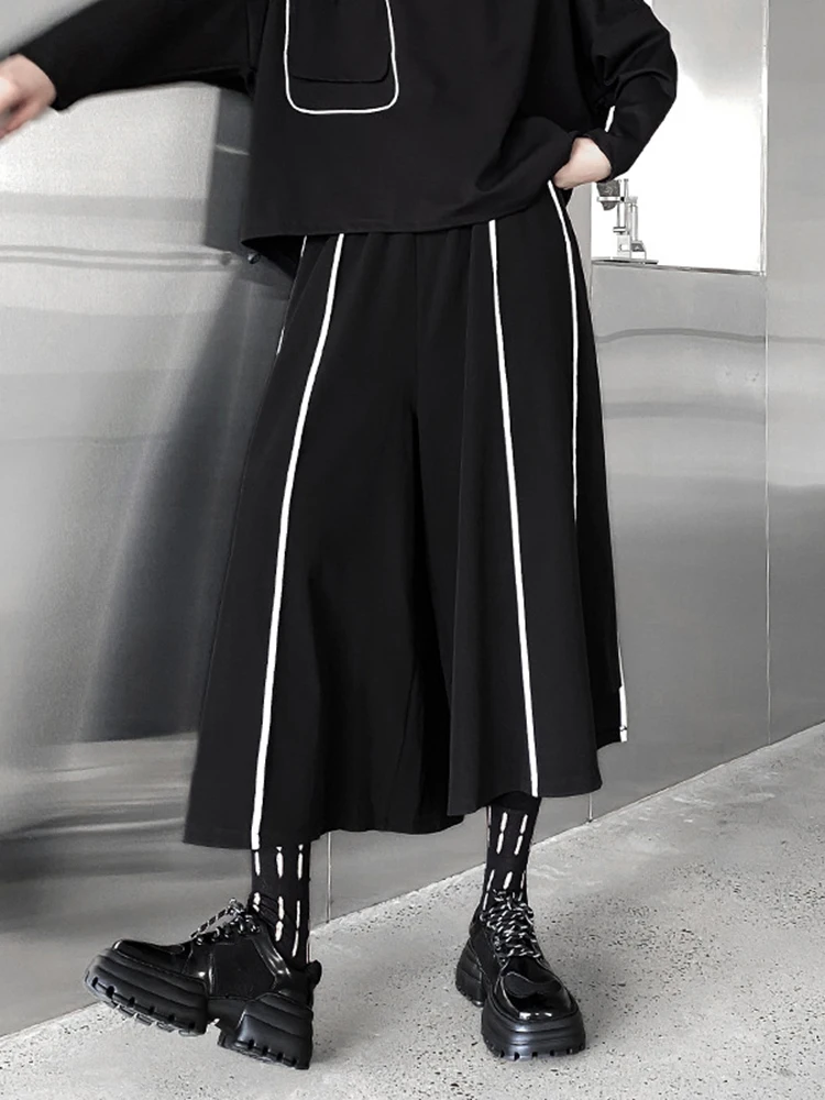 [EAM] High Elastic Waist Black Striped Long Wide Leg Pants New Loose Fit Trousers Women Fashion Tide Spring Autumn 2024 1DF1509