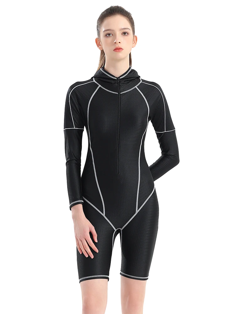 Trisass 2024 New One Piece Women Swimsuit Long Sleeve With Cap UV-protective Monokini Bodysuit Fifth Pants Swimwear Rash Guards