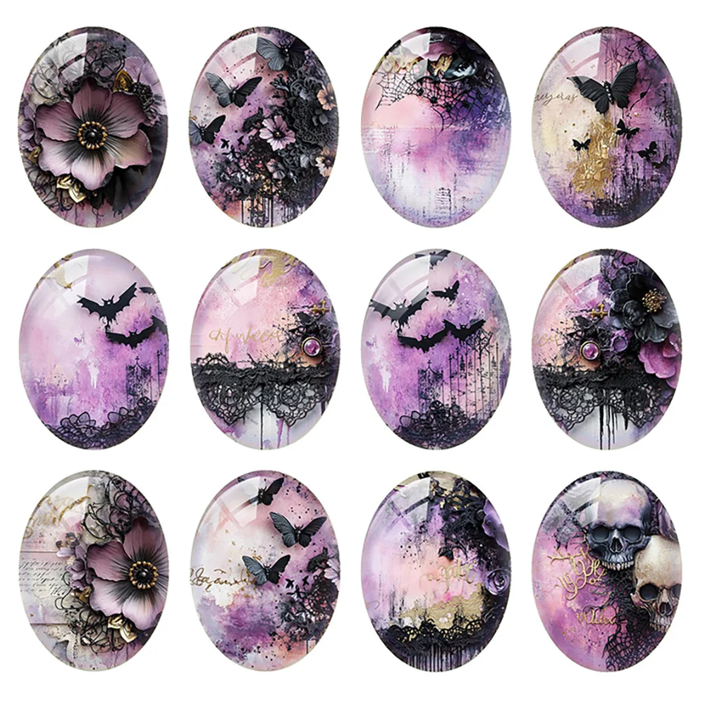 

10 шт./лот фиолетовый готический Хэллоуин голова черепа цветок летучая мышь ужас овальная фото стеклянный кабошон с плоской задней частью демонстрационная камея Diy изготовление ювелирных изделий