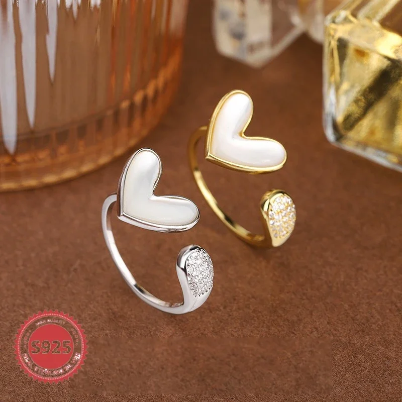 

S925 Sterling Silver Heart-shaped White Pearl Ring for Women, Unique Design, Fashionable, Versatile Open Heart Ring