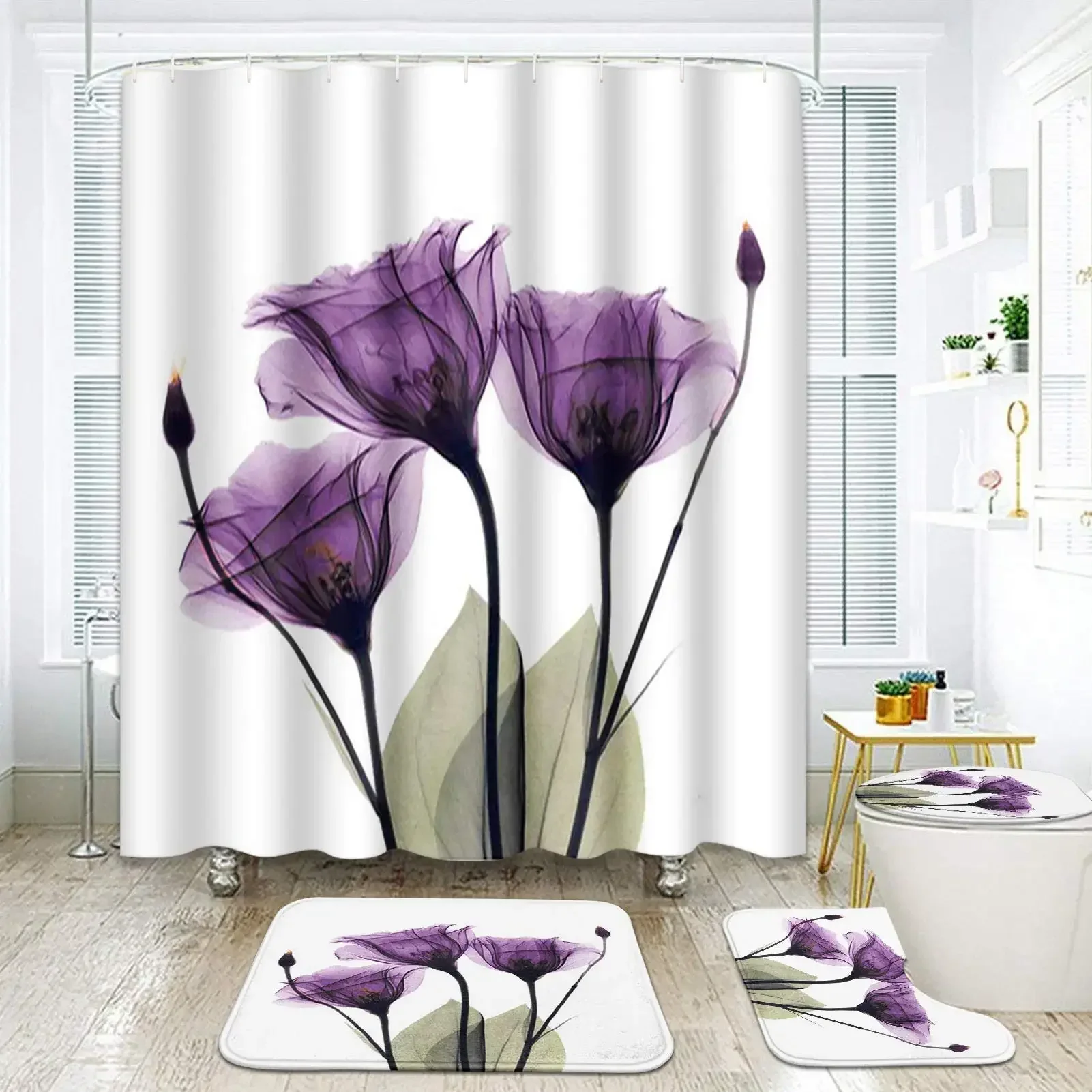 Shower Curtain Set Watercolor Flowers Leaves Purple Botanical Bouquet Non-Slip Rugs Toilet Lid Cover Bath Mat Bathroom Decor