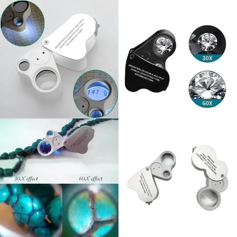

Hot sale30X 60X LED Light Mini Double Jewelry Loupes Foldable Gems Coins Stamps Observation Magnifying Glass for Tools