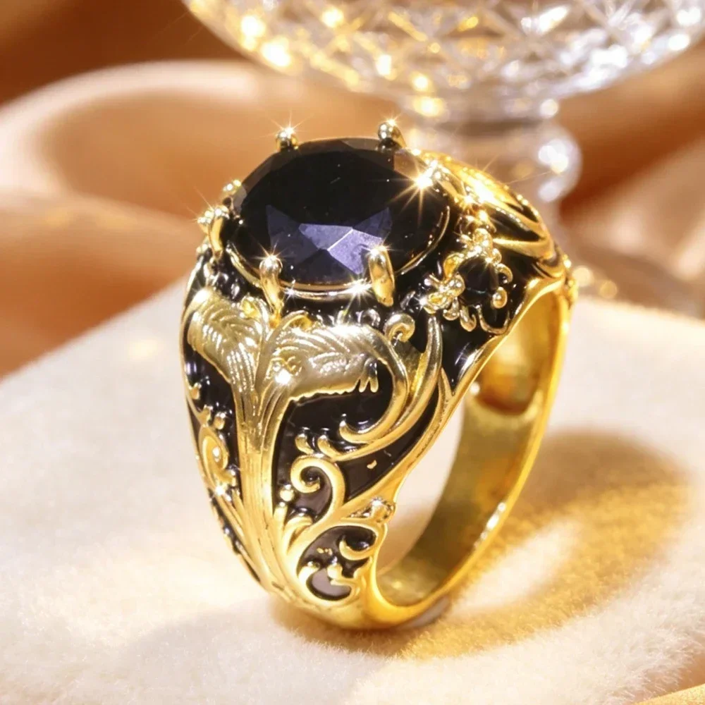 1 Pair of Men's and Women's Matching Retro Relief Scroll Pattern Black Main Stone Wide Ring with Black and Gold Contrasting Antique Patterns - Dark Retro Atmosphere-Feeling Accessories for Men