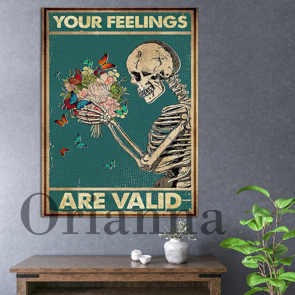 Skeleton Your Feelings Are Valid Vintage Poster, Home Decor Wall Art, Mental Health Awareness Poster, Hd Print Canvas Painting