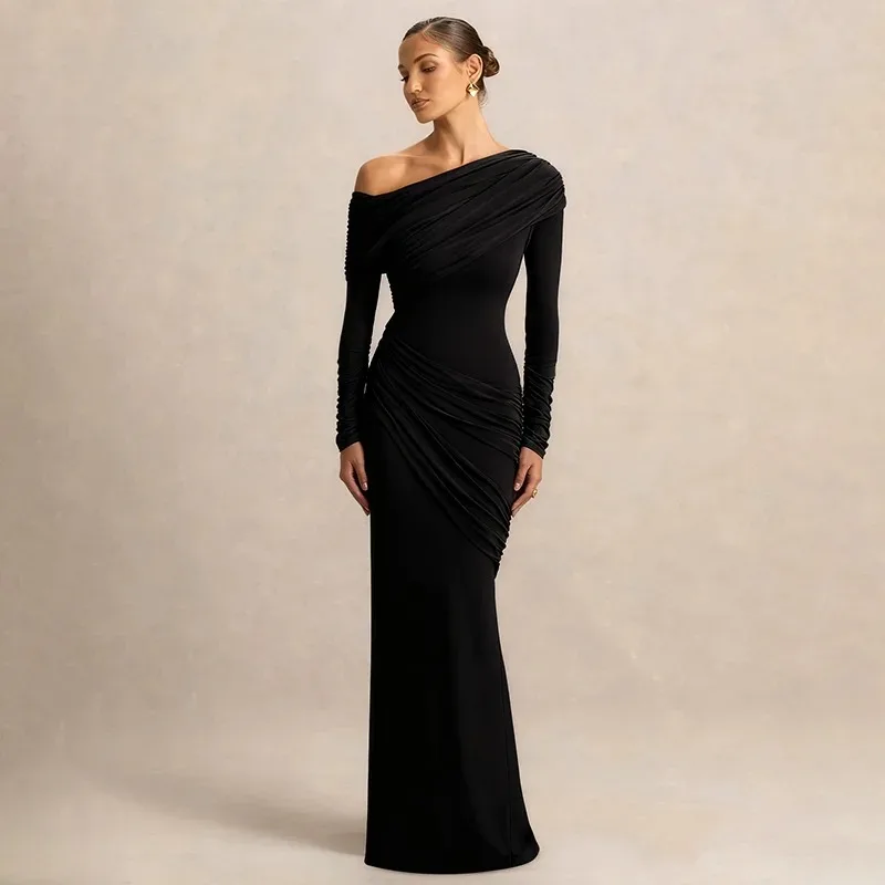 

Women's Autumn and Winter New Fashion Solid Color Asymmetrical Collar Long Sleeve Irregular Pleated Elegant Bodycon Dress