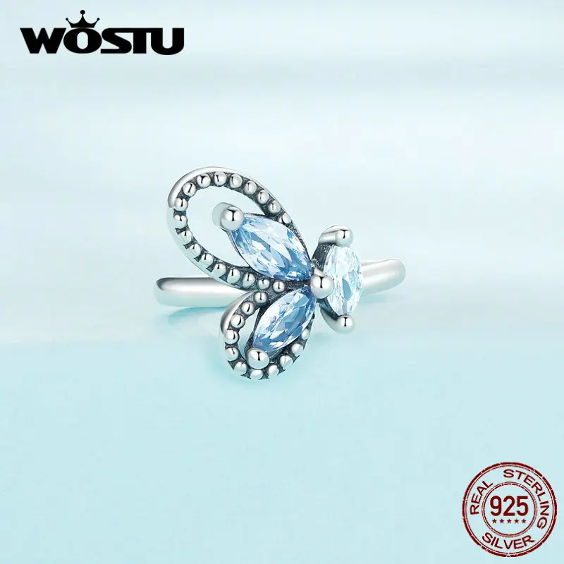 WOSTU Real 925 Sterling Silver Original Butterfly Ear Cuffs Earrings Blue Crystal Zircon Ear Clips Wedding Jewelry Holiday Gift