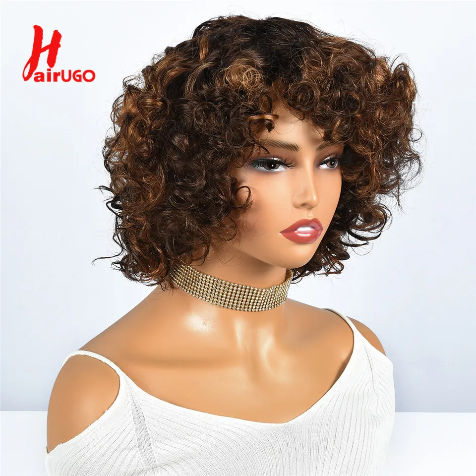 Highlight Lockige Pixie-Cut-Perücken aus Echthaar, Kleberlose Perücken mit Pony, Vollständig maschinell gefertigte Perücken mit Pony, Echthaarperücken Hairugo – Detail 7