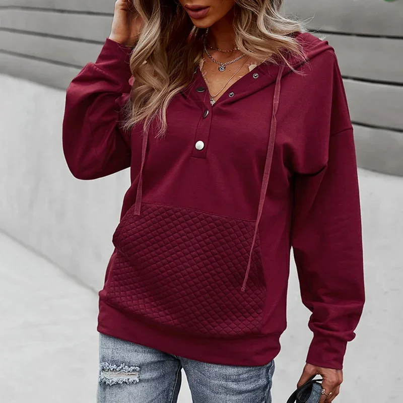 

Women Casual Vintage Sweatshirts Tracksuit Winter Warm Loose Pullover Autumn Fashion Red Hoodies Buttons Turn Collar Tops Jumper