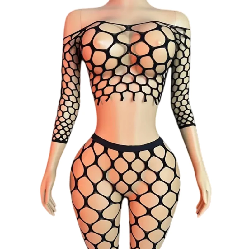 

2Pcs/set Sexy Crotchless Lingerie + Stockings Women Fishnet Teddy Erotic Costumes Stretch Mesh Hollow Bodystockings Underwear
