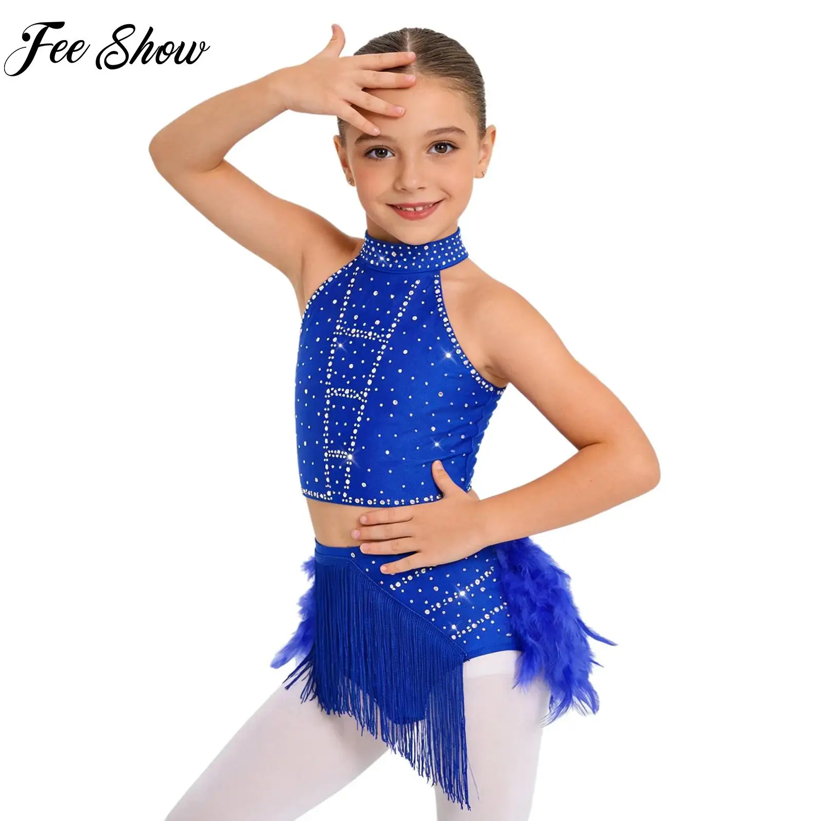 Girls Ballet Latin Dance Performance Outfit Kids Tassels Feather Skirt Tops Suit for Samba Rumba Cha-Cha Training Competition