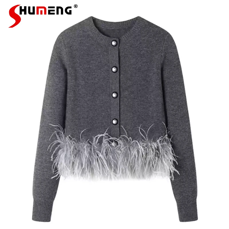 

Japanese Style Grey Knitted Cardigan Jacket Plush Splicing Sweet Long Sleeve Knitwear Top Women Short Knitted Short Coat Autumn