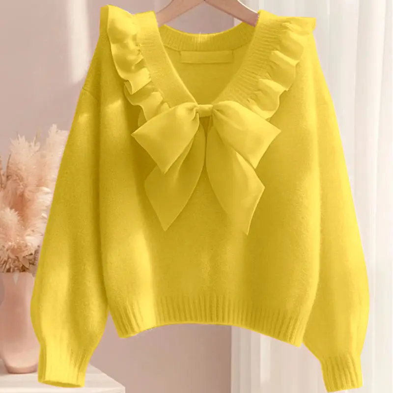 Korean Style Niche Fashion Sweet Loose V-neck 3D Bow Solid Color Sweater Autumn New Fungus Edge Ins Knitted Pullover