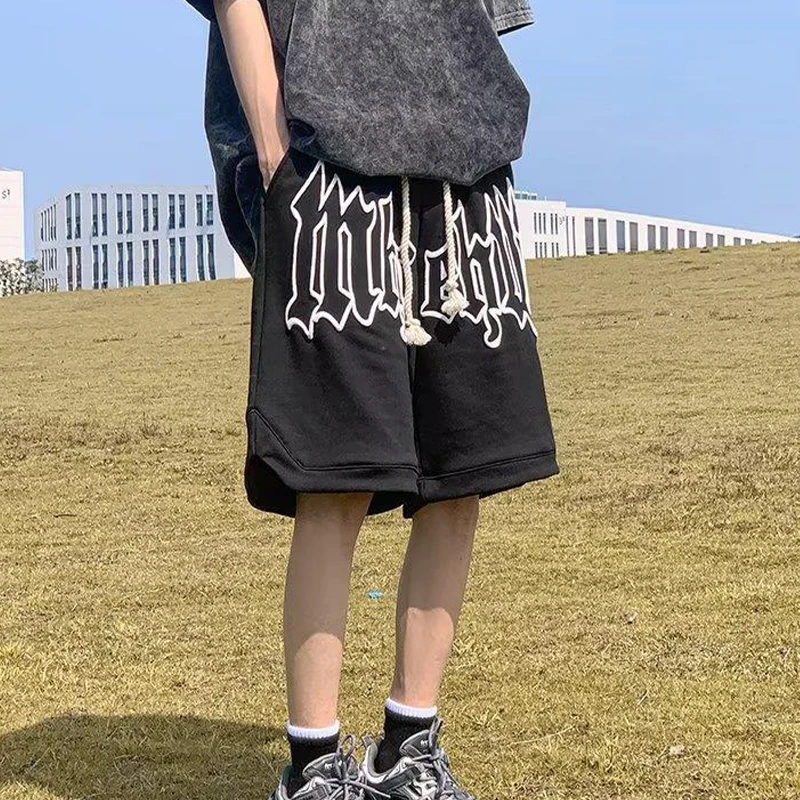 Vintage Print Y2K Cargo Shorts Summer High Street Black Men's Korean Harajuku Pant Graphic Drawstring Hip hop Pockets Trousers