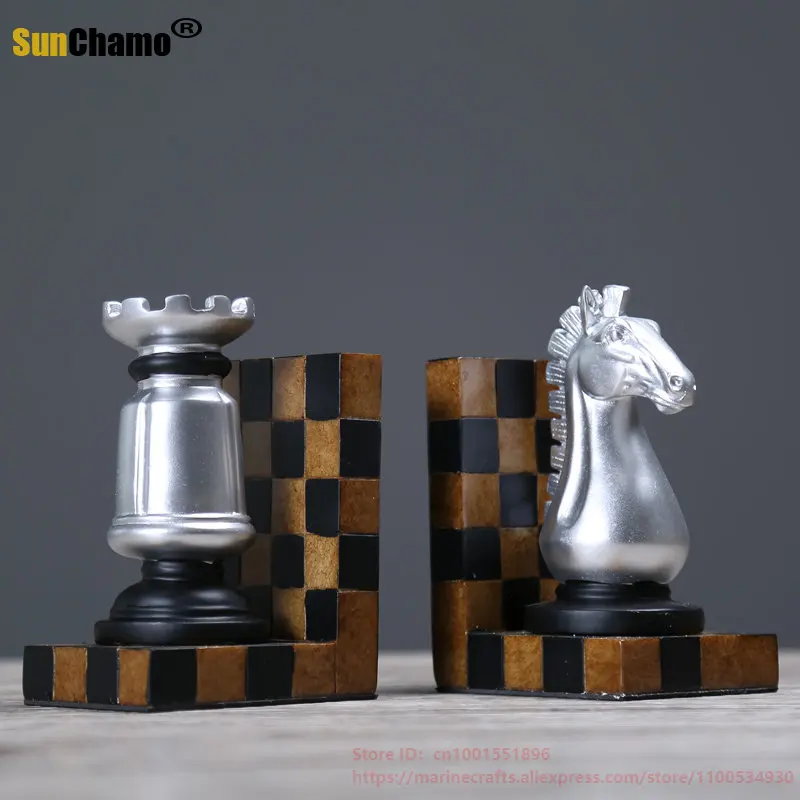 Sunchamo New Horse Head International Chess Piece Bookends A pair Classic Decorative Resin Book Shelf Organizers Books Stopper