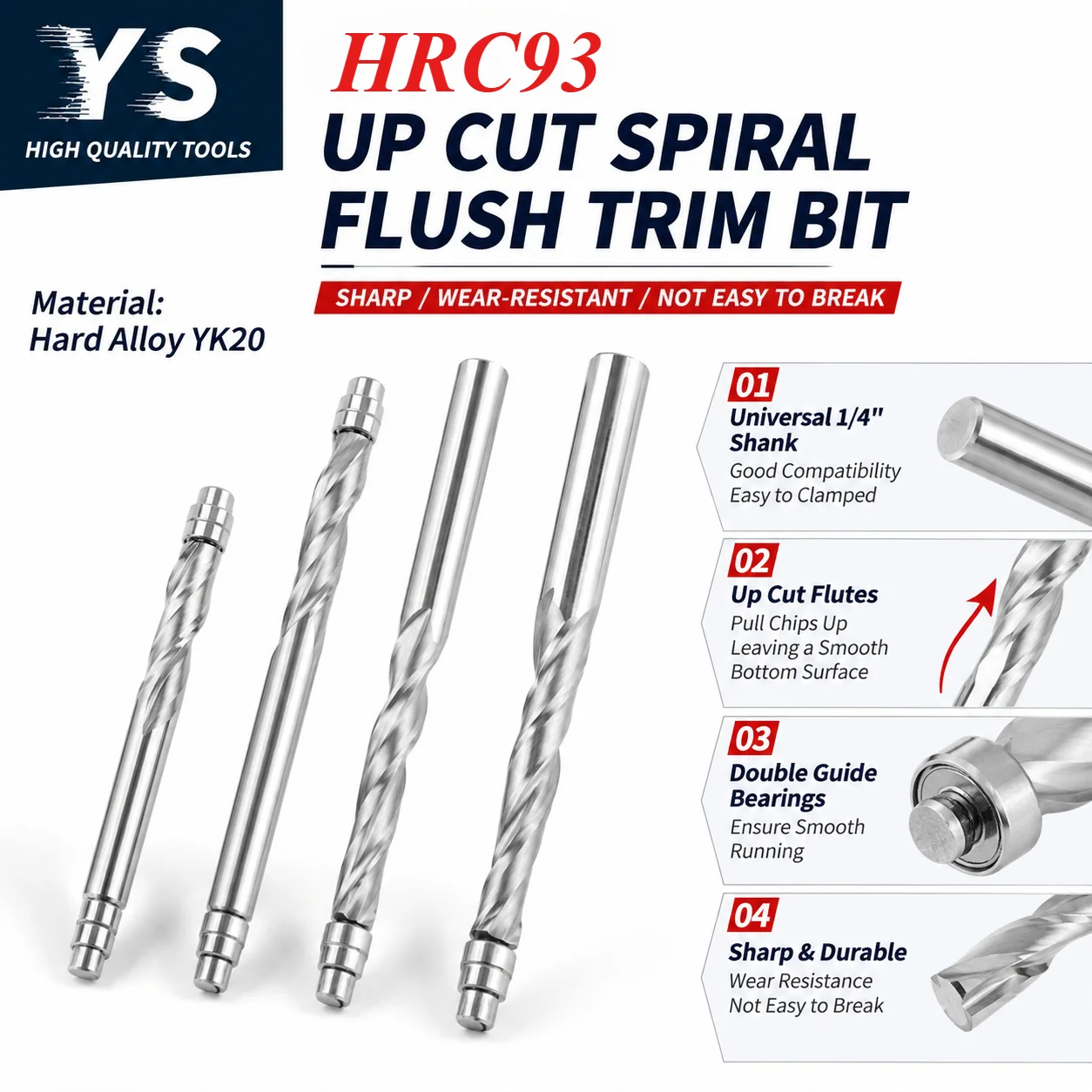 YS HRC93 Up Cut Spiral Flush Trim Router Bit 6mm/6.35mm Shank Double Bearing YK20 Carbide Woodworking Milling Cutter