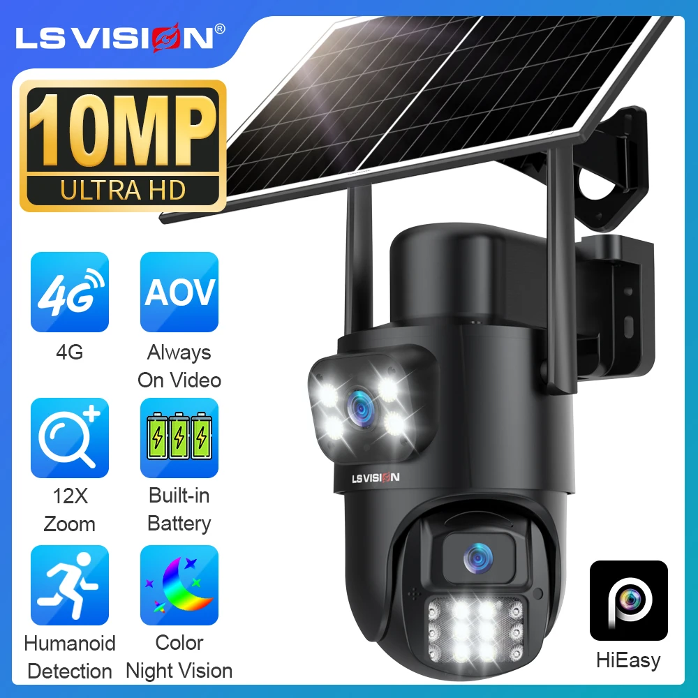LS VISION 10MP 24/7 Recording 4G AOV Solar Camera 12X Optical Zoom Outdoor Dual Screen Human Auto Zoom Tracking Security Cameras