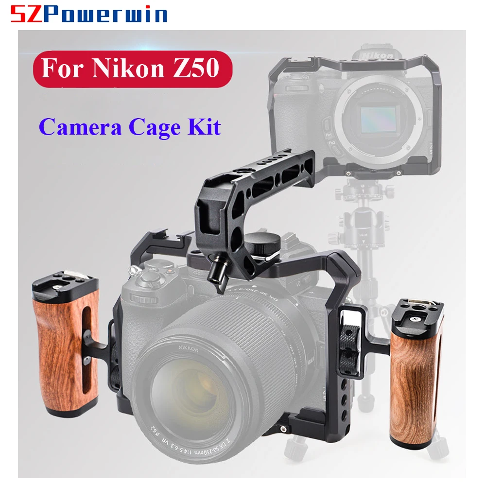 Powerwin For Nikon Z50 Camera Cage with wooden Handle Kit Aluminum Alloy Multifunctional Arri Locating Screw Protective Fram