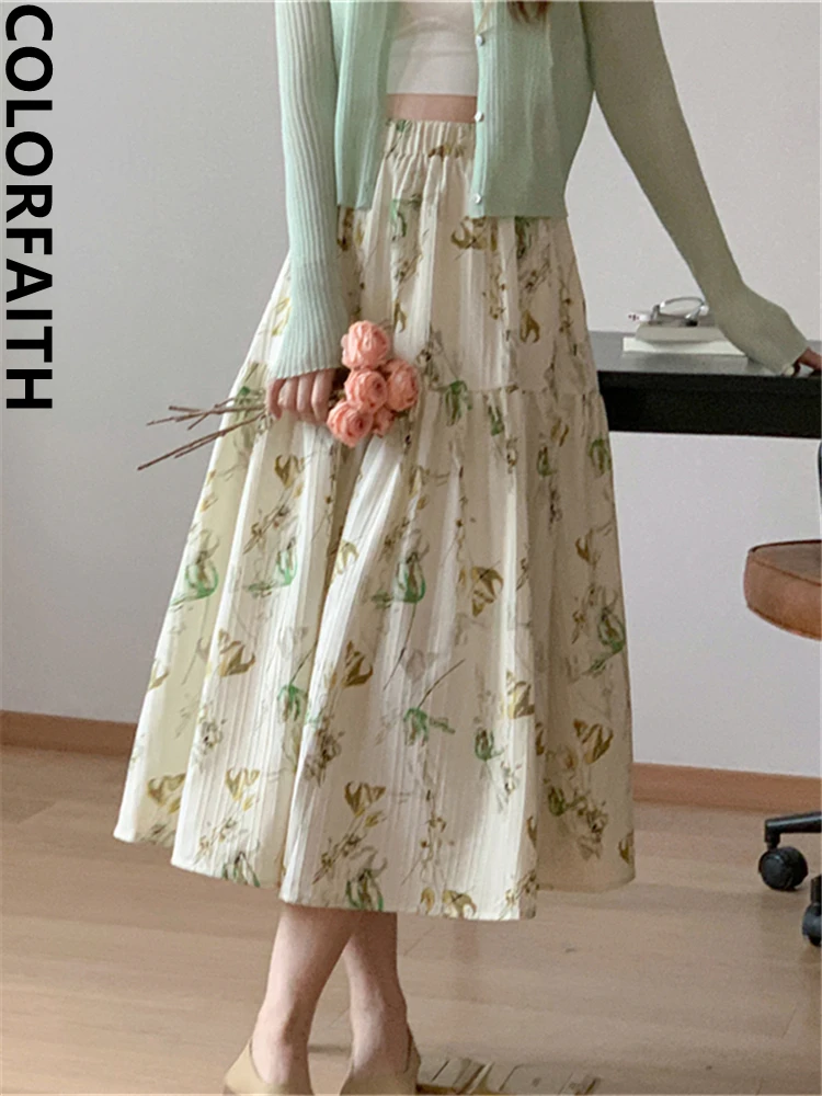 Colorfaith SK5262JM New 2023 Wild Floral Vintage Wild High Waist Elegant Lady Korean Fashion Spring Summer Women Long Skirts