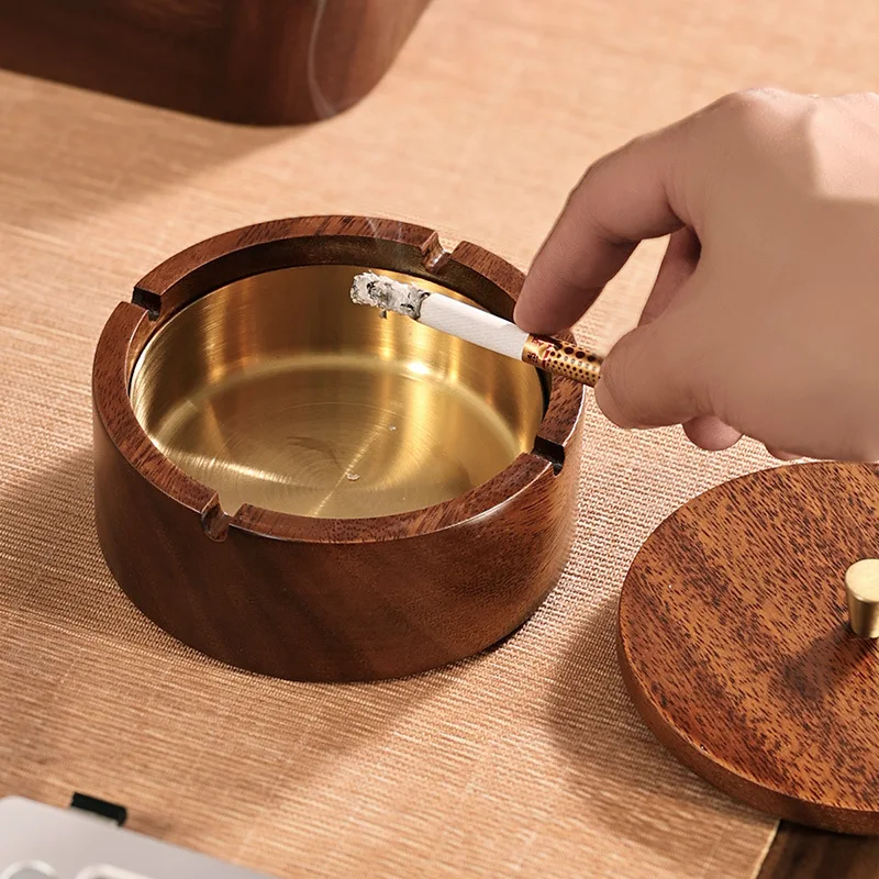 

Elegant Wooden Ashtray Magnetic Seal Lid Anti Fly Ash Commercial Home Office Hotel Living Room