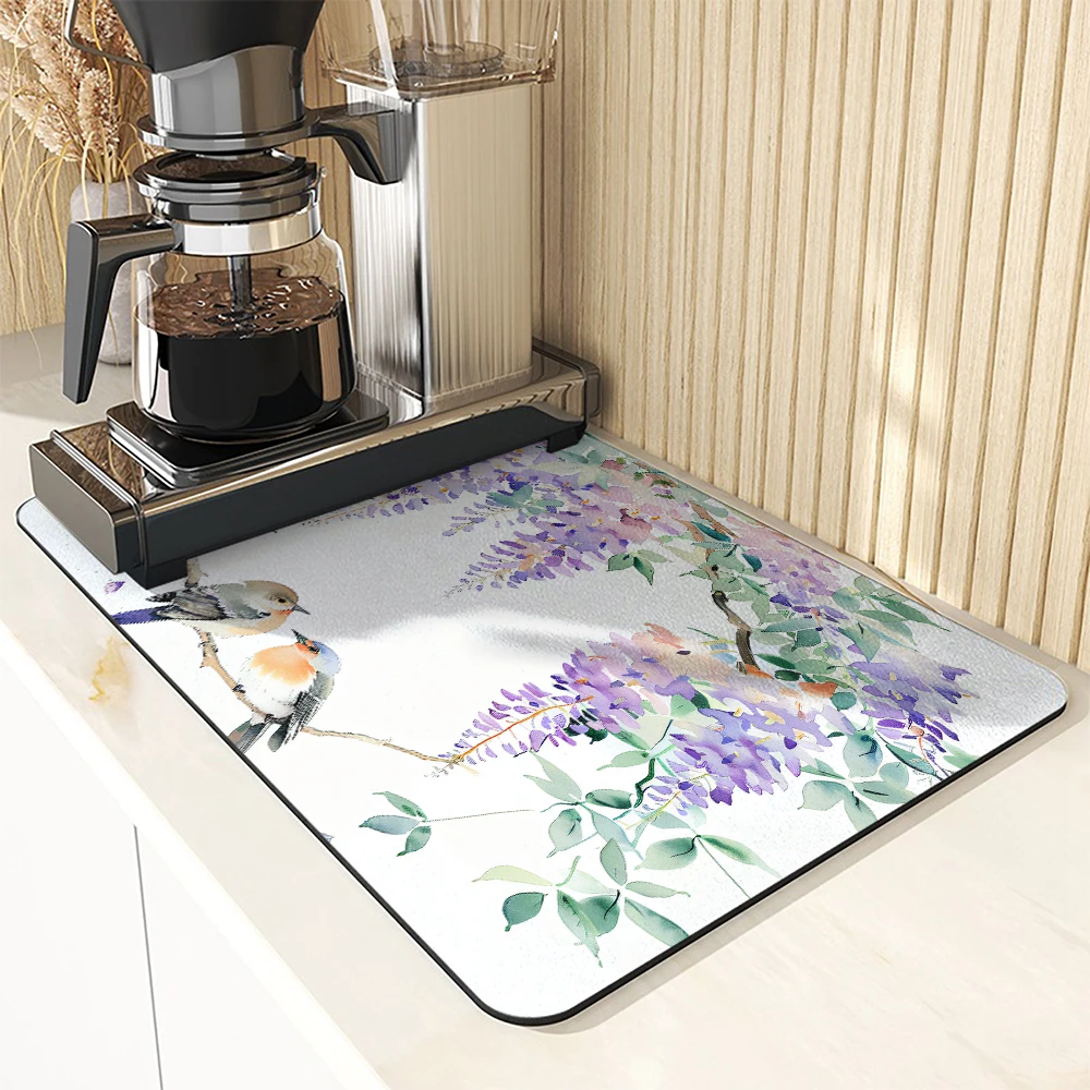 Large Kitchen Absorbent Mat Plants Birds Antiskid Draining Coffee Dish Drying Mat Quick Dry Bathroom Drain Pad Tableware Mat