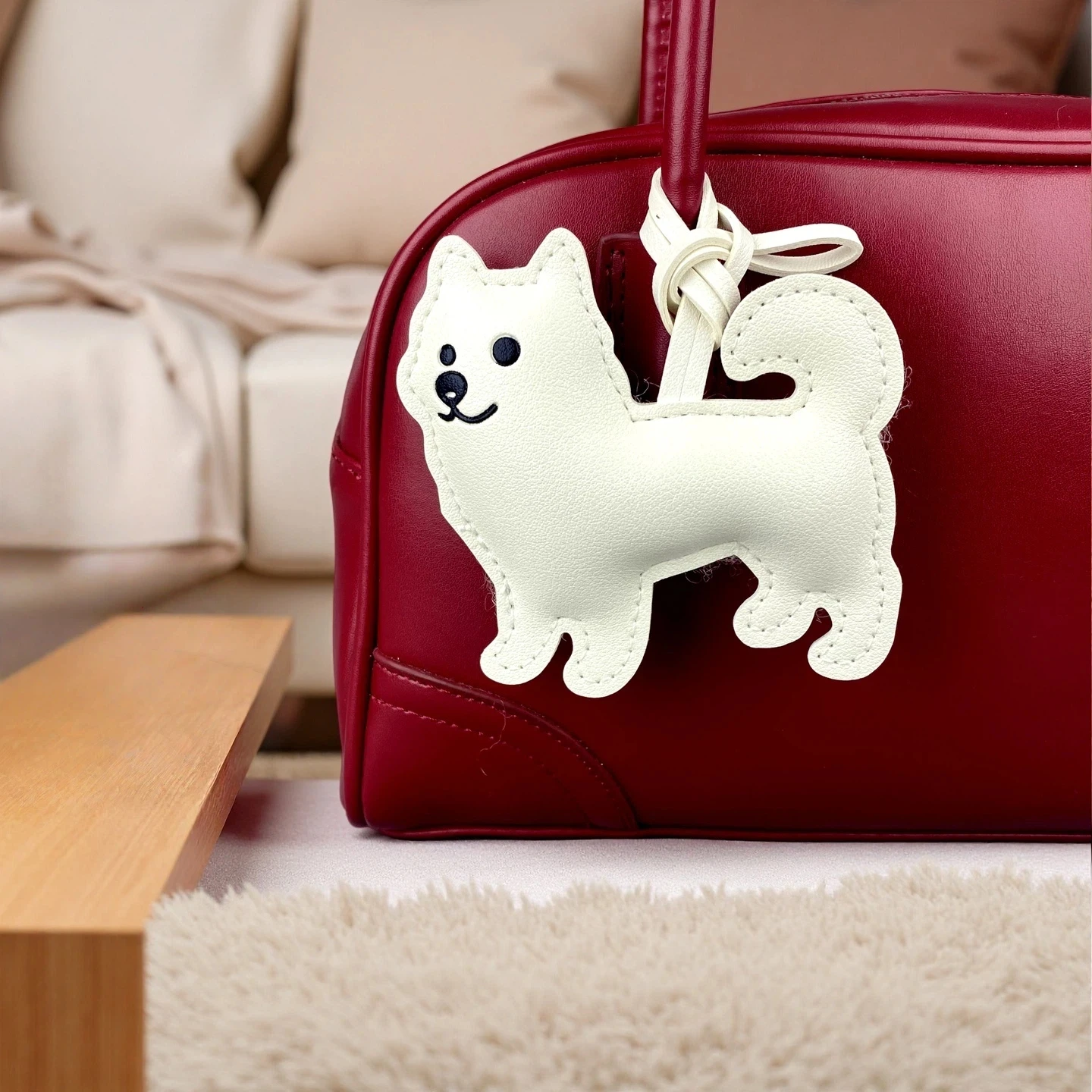 Cute PU Leather Keychain,Samoyed Dog Bag Charm for Purse, Handmade Animal Pendant, 4 Colors Gift for Women/Perfect Bag Accessory
