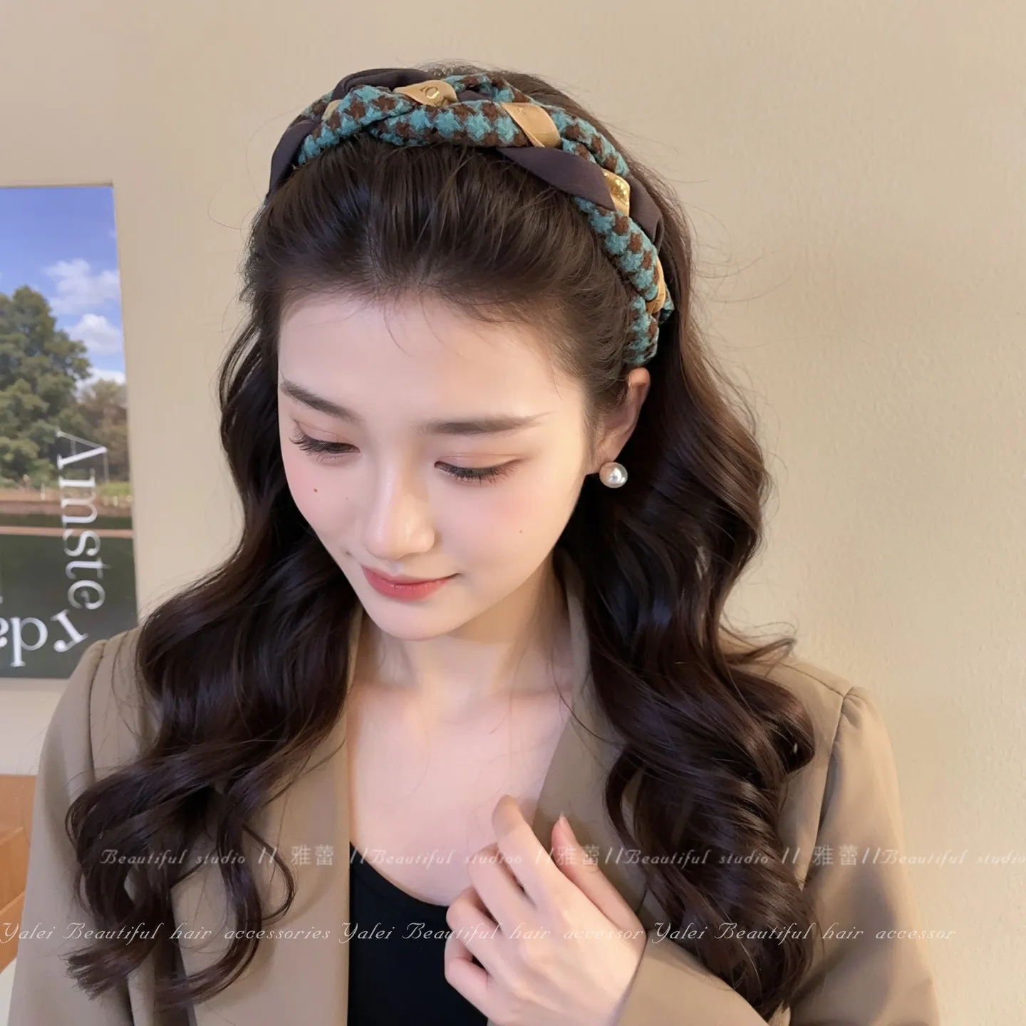 Vintage Plaid Knotted Headband Women Wide Padded Hair Hoop Bow Splicing Design Daily Fashion Hairband Girls Hair Accessories