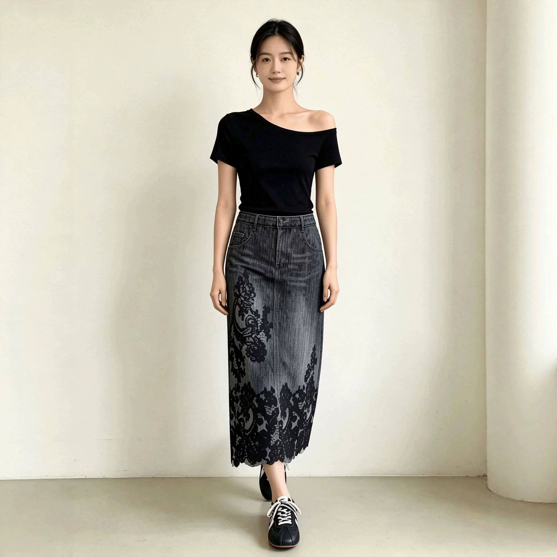 Miyake Pleated Imitation Denim Lace Print Skirt Women's High Waist Retro Wavy Hem Slim Mid-length Skirt