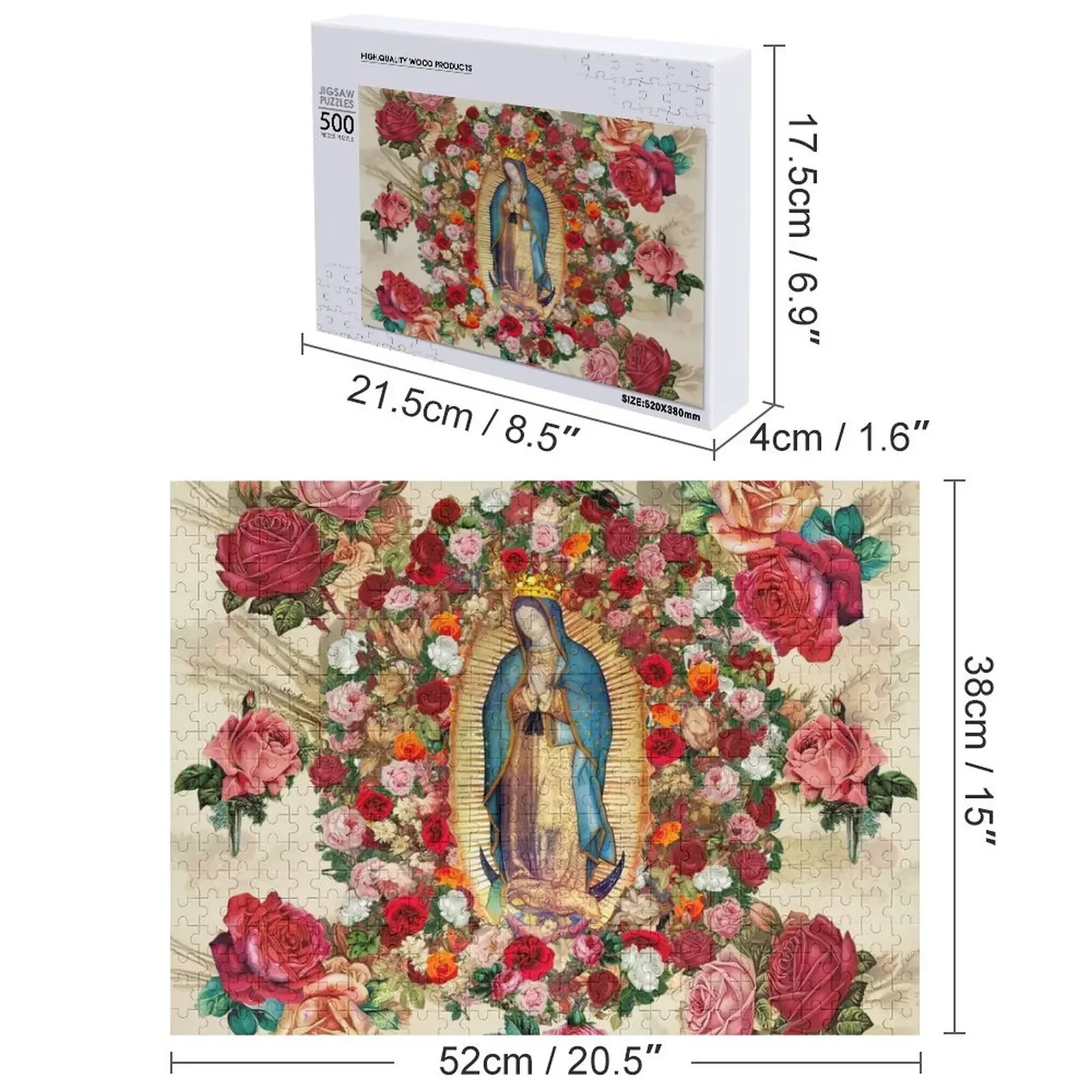 Puzzle z fotopuzzle z motywem Matki Boskiej z Guadalupe i różanym potpourrem, w stylu anime.