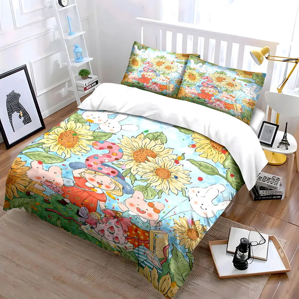 Fairy Tale World with rabbits and girl Pattern Duvet Cover Set Digital Print Colorful Polyester Bedding with Zipper Closur
