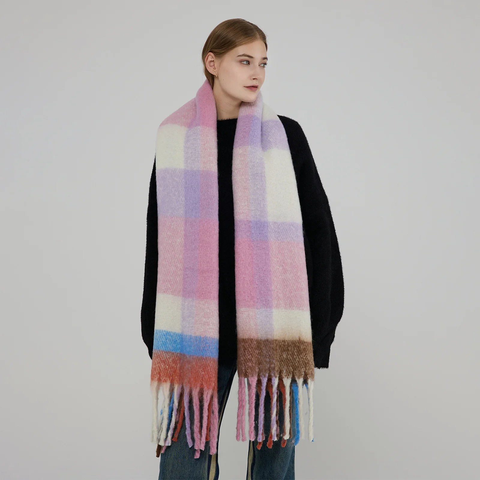 2025年冬新作 イミテーションカシミヤ レディース スカーフ 暖かい 厚手 ロング チェック柄 アウター ショール付き 粗いタッセル イミテーションカシミヤ ネックウォーマー