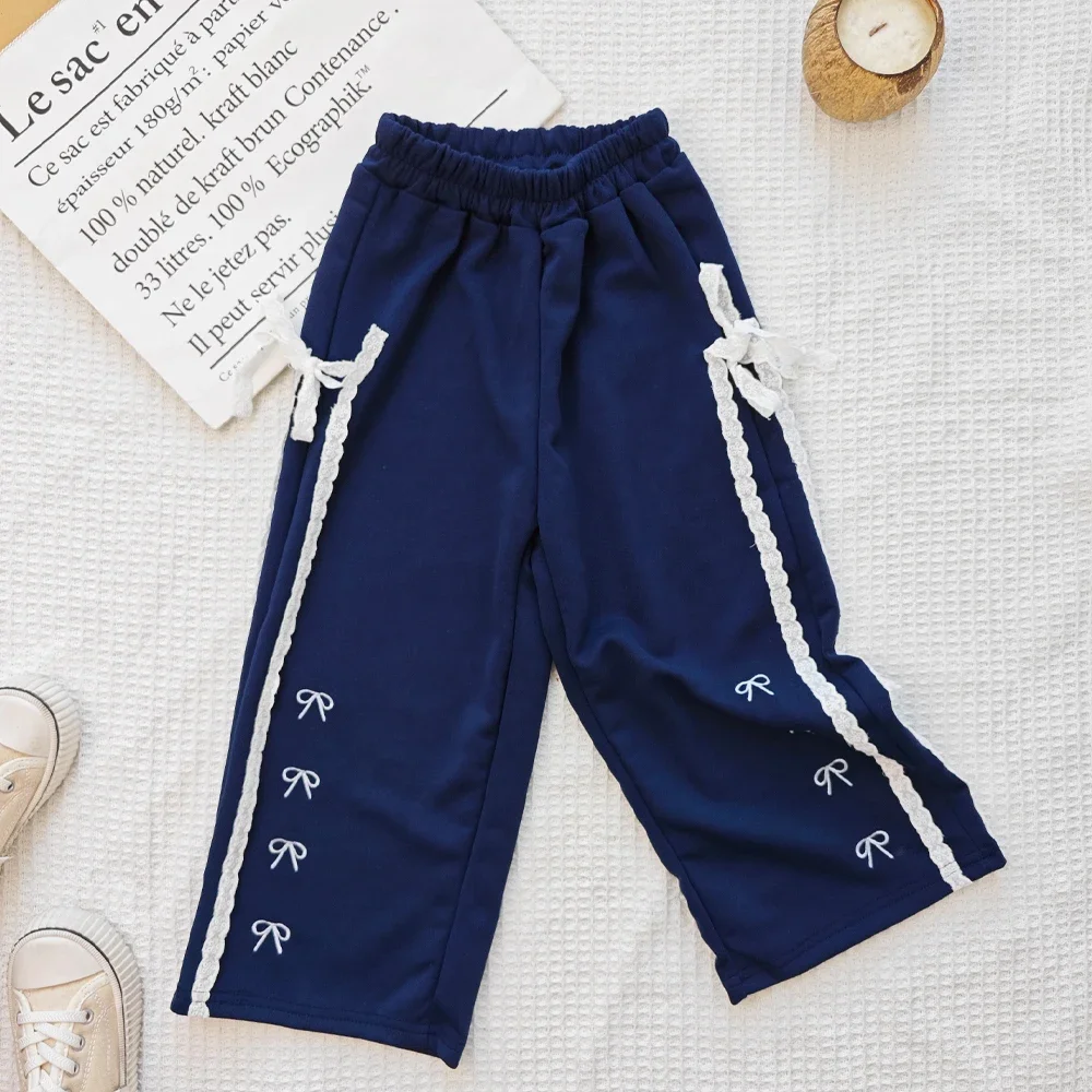 

Korean Version Fashionable and Versatile Blue Bow Lace Decoration for Girls' Casual Pants for Children Aged 2-7 Autumn New