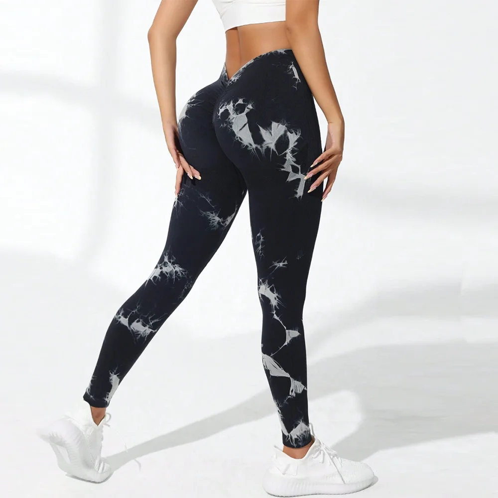 Tie Dye Seamless Yoga Pants Fitness Woman V-Back Scrunch Butt Leggings Female Outfit Gym High Waist Push Up Tights Gym Workout