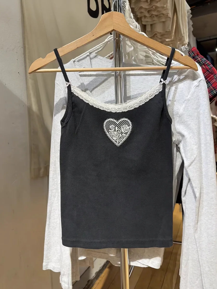 

Heart Flower Embroidery Black Tank Top Women Two Bows Lace Trim Cotton Slim Camisole Summer Preppy Style Sweet Crop Tops Y2k New