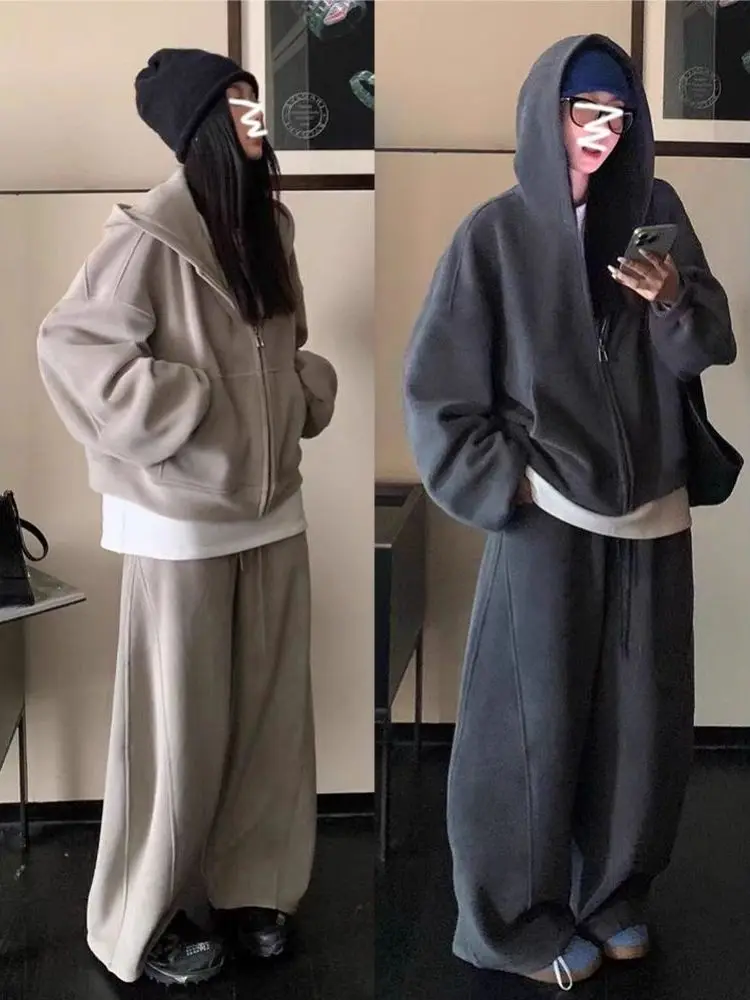 

Korean Style Lazy Casual Sportswear Set Women's Autumn Winter Fleece Lined Thickened Hoodie Wide Leg Pants Two Piece Set