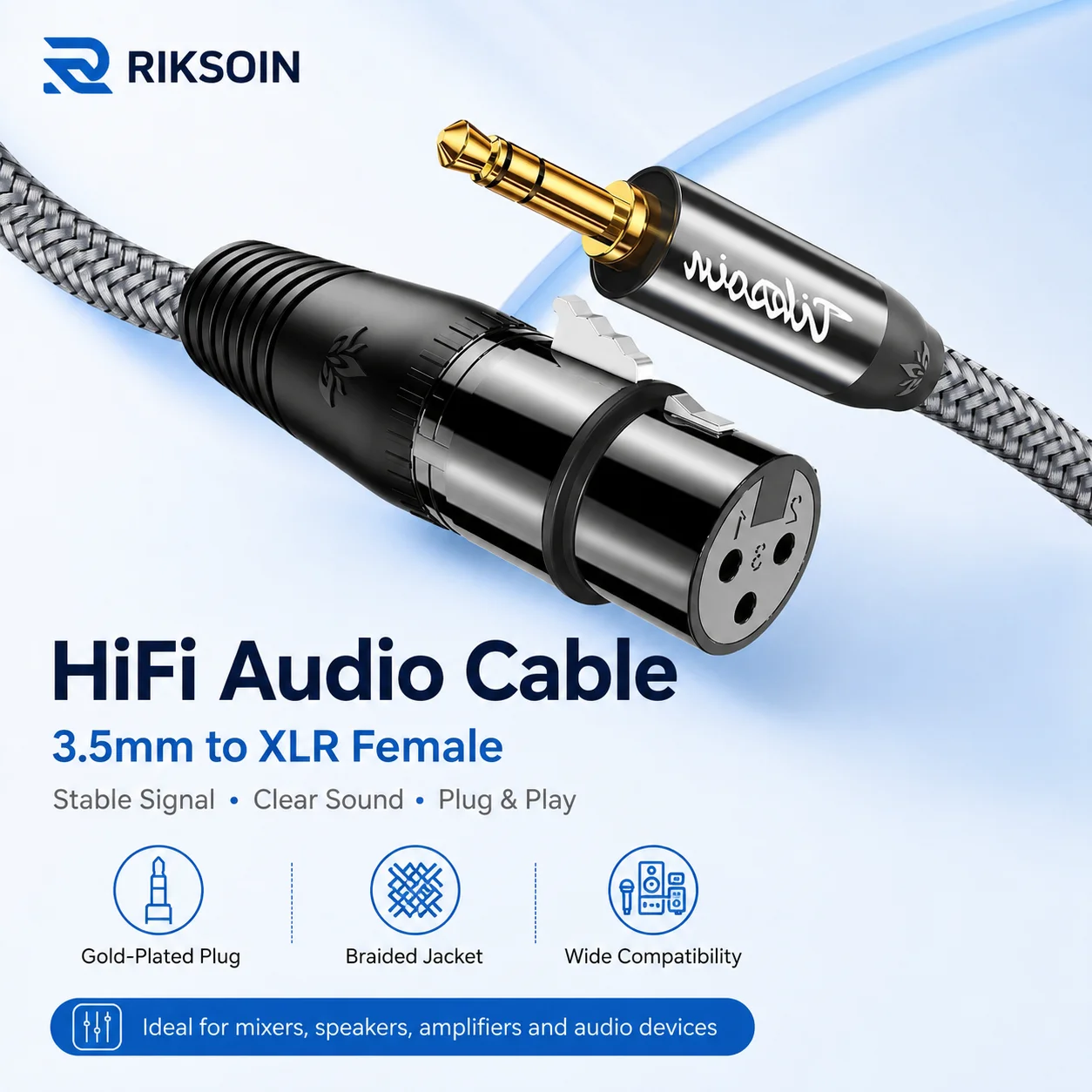 Riksoin 3.5mm to XLR Female Audio Cable, 1/8 Inch TRS to XLR Microphone Adapter Cord for Mixer, Speaker, Sound Card, Studio Gear