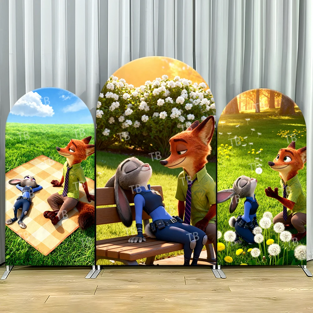 

Zootopia Judy Nick Park Picnic Arch Backdrop Cover Dandelion Scene For Kids Birthday Party Cozy Cartoon Theme Photo Booth Decor