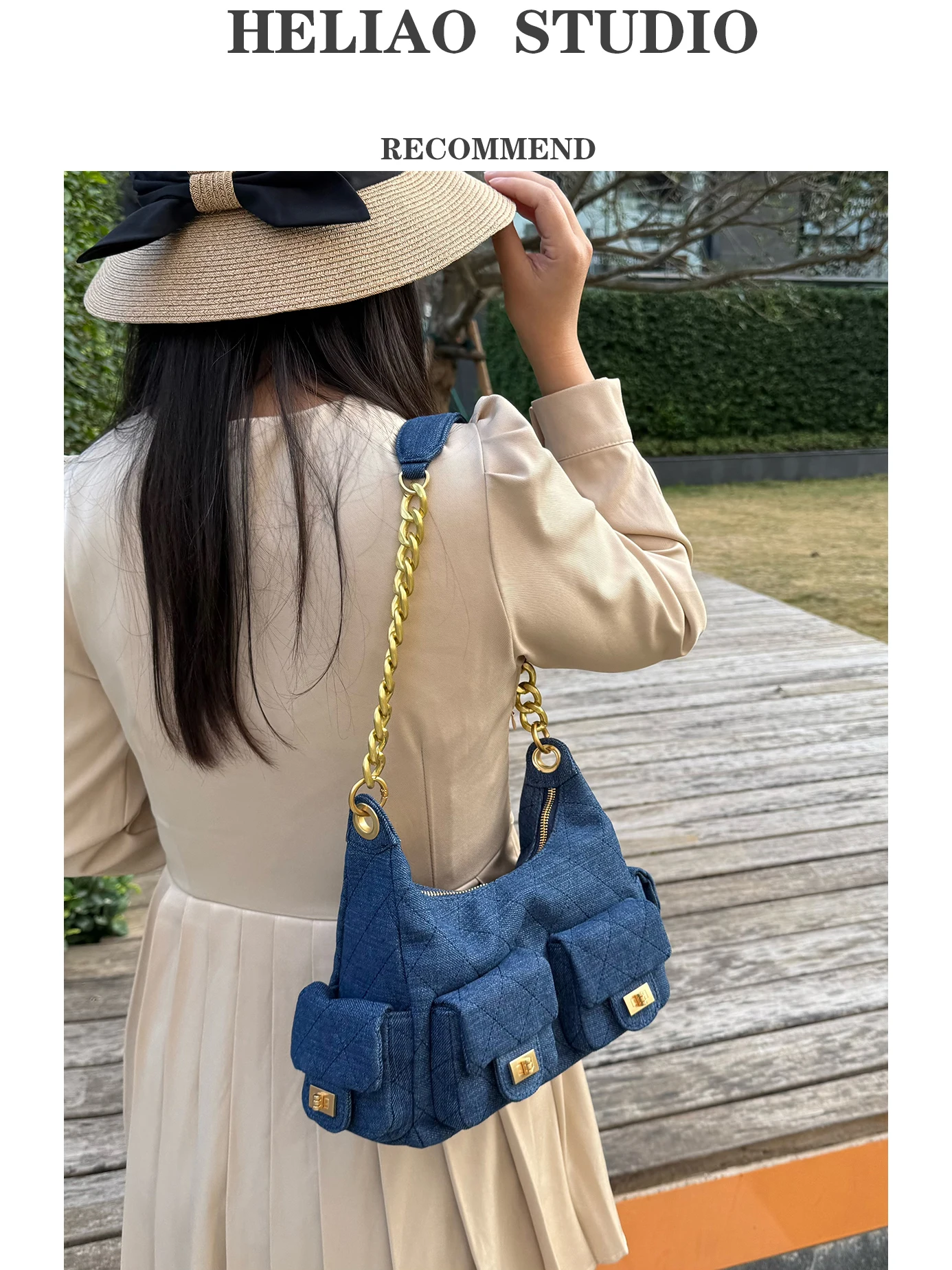 

Джинсовая сумка-хобо подмышки, женская сумка-тоут с несколькими карманами, повседневная шикарная универсальная сумка-тоут с ремешком-цепочкой для женщин