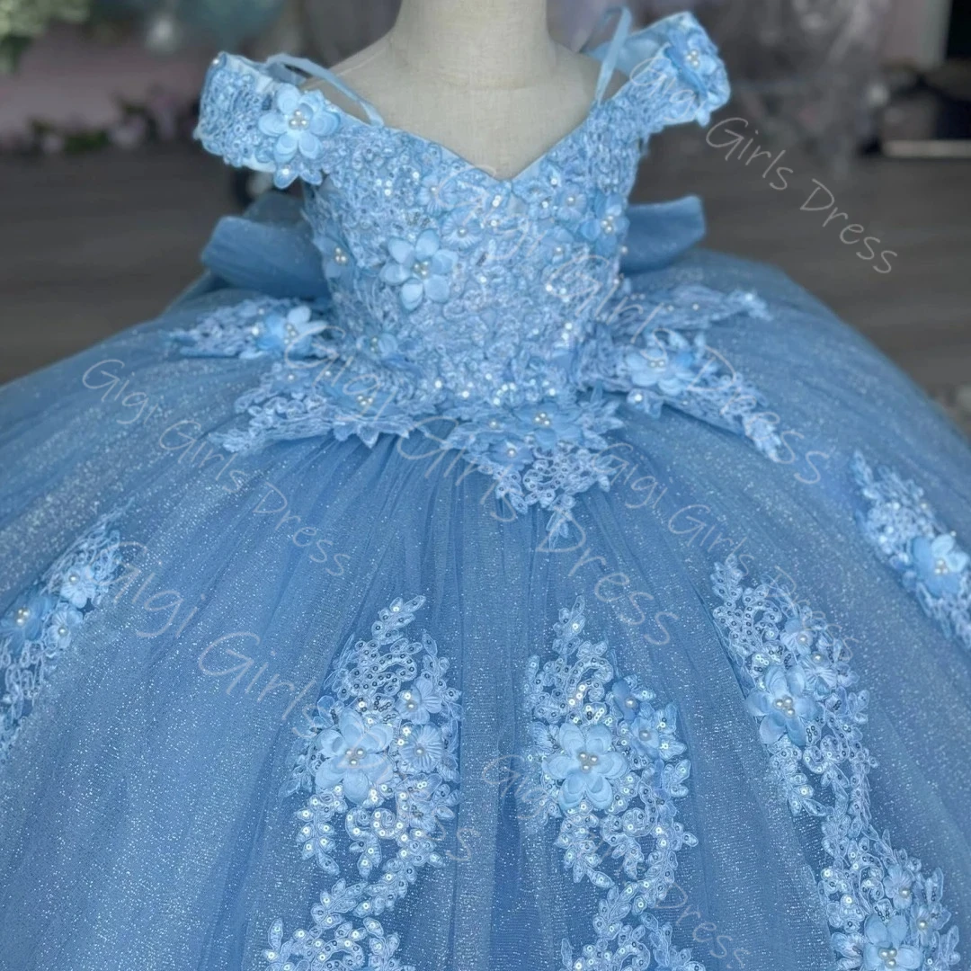 Customized Flower Girl Dress With Bow Beaded Appliques Tulle Princess Pageant Dress Kids Off Shoulder Birthday Party Ball Gown