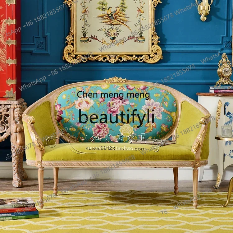 

American country solid wood carving flower luxury double sofa chair European classical studio hotel, sofa9344