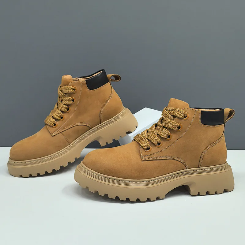 

Men's Genuine Autumn Winter High Top Height Increasing Toe Layer Cowhide Men's Shoes Casual Leather Suede Boots Loafers Sneakers