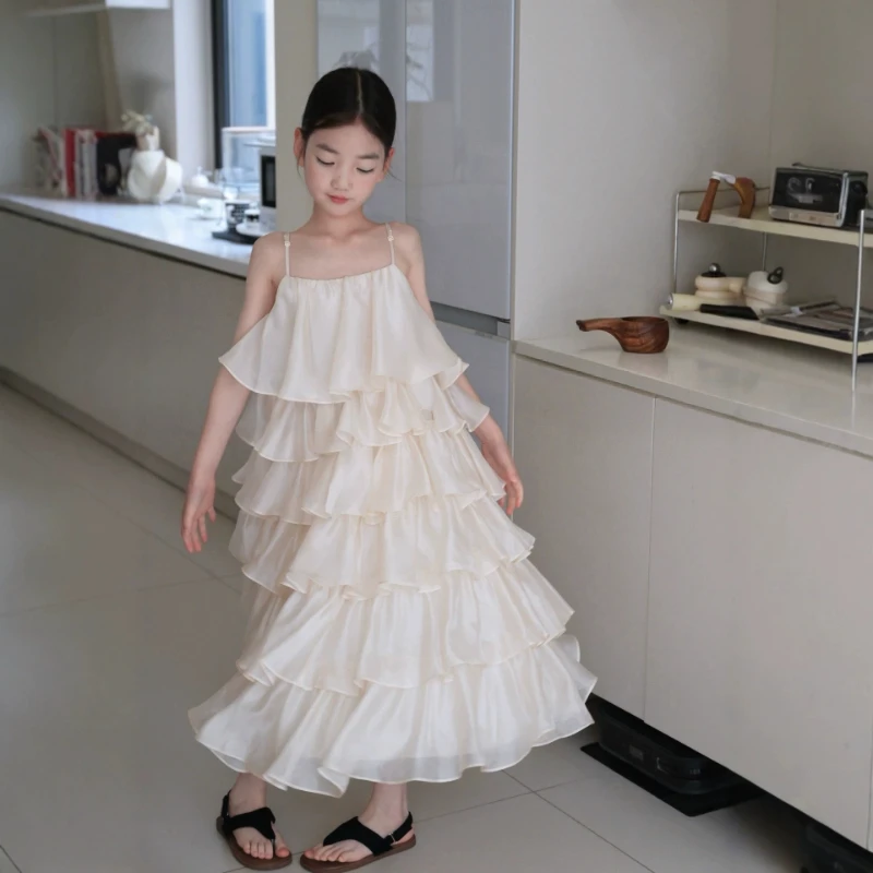2026 Children Beige New Kids Princess Gown Sleeveless Display Style Pageant Girls Dress SummerCostume Elegant Fashion Simple