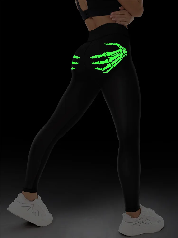 Personalized Fluorescent Green Claw Skeleton Printed Women's Yoga Leggings High Waist Fitness Running Elastic Fitness Pants