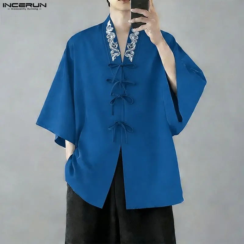 INCERUN Men Shirt Printing V Neck 3/4 Sleeve Loose Lace Up Men Clothes Vintage 2026 Streetwear Tops Casual Shirts For Man S-5XL